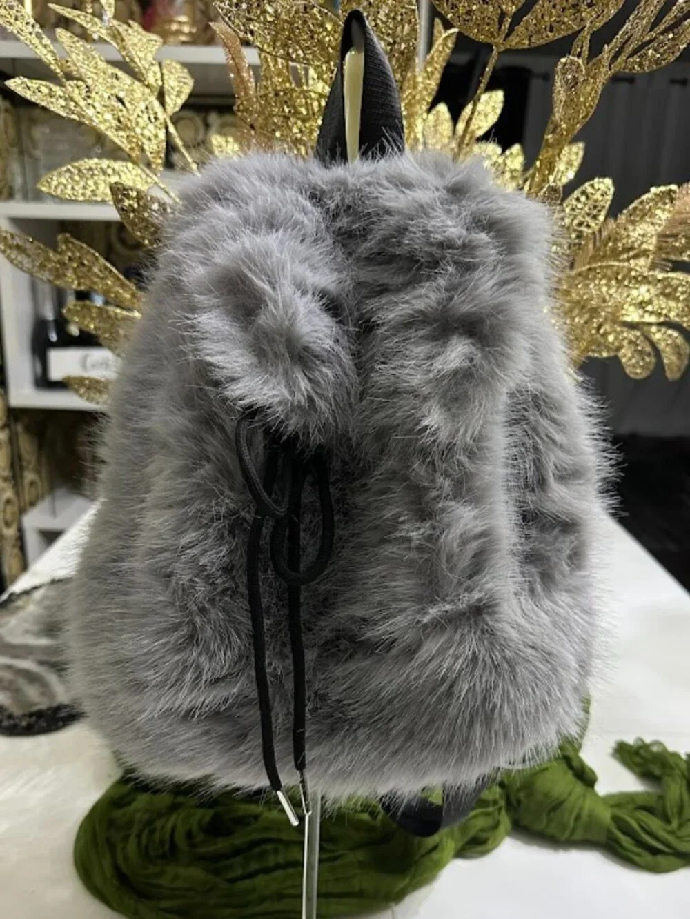 Soft Gray Faux Fur Backpack Plush Winter Drawstring Mini Backpack Cute Cozy Bag